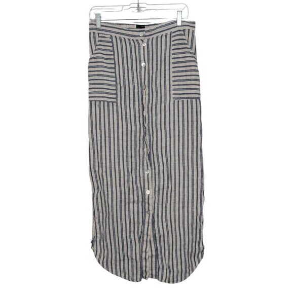 Tahari 100% Linen Stripe Maxi Skirt Womens Size Medium Blue Coastal Button Front - Picture 1 of 10